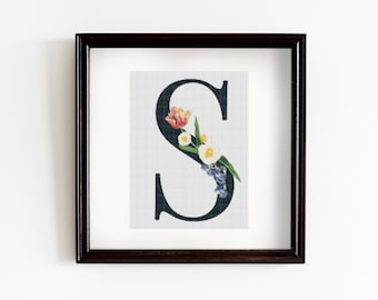 S Floral Letter Cross Stitch Pattern, Floral Monogram Cross Stitch Pattern, PDF, Big Letter, Floral Cross Stitch Pattern, Instant Download