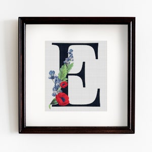 E Floral Letter Cross Stitch Pattern, Floral Monogram Cross Stitch Pattern, PDF, Big Letter, Floral Cross Stitch Pattern, Instant Download