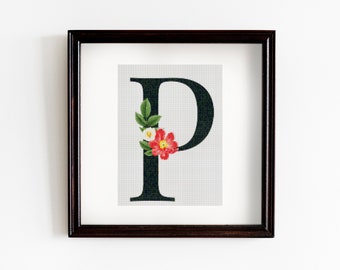 P Floral Letter Cross Stitch Pattern, Floral Monogram Cross Stitch Pattern, PDF, Big Letter, Floral Cross Stitch Pattern, Instant Download