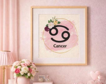 Cancer Zodiac Cross Stitch Pattern, Floral Design (PDF Pattern)