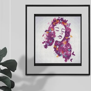 Watercolor Woman, lady flower, girl butterflies, pink color - Watercolor pattern - Cross Stitch pattern PDF - Instant download