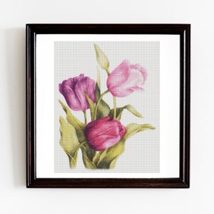 Tulip Cross Stitch Pattern PDF -  Instant Download- Spring flowers -  Bouquet  pink tulips PDF