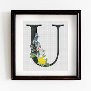 U Floral Letter Cross Stitch Pattern, Floral Monogram Cross Stitch Pattern, PDF, Big Letter, Floral Cross Stitch Pattern, Instant Download