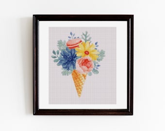 Ice cream cross stitch pattern, Watercolor flowers cone 2, Ice cream pattern, Instant download, Pdf