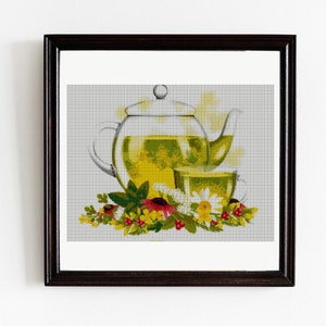 Tea time cross stitch pattern, green tea, cup of tea pattern, cross stitch pdf
