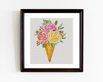 Ice cream cross stitch pattern, Watercolor flowers cone, Ice cream pattern, Instant download, Pdf