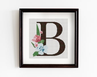 B Floral Letter Cross Stitch Pattern, Modern monogram Cross Stitch Pattern, PDF,  Big Letter, Floral Cross Stitch Pattern, Instant Download