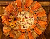 Thanksgiving Halloween Autumn Fall Burlap Sugar and Spice Everything Nice Orange Tan Pumpkin Handmade Door Hanging Wall Hanging Zigzag Neu