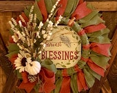 Thanksgiving Blessings Harvest Red Green Cream Door Hanger Homemade Rustic Fall Autumn Pumpkin Thanksgiving Halloween Sunflower