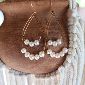 Double Tear Drop Freshwater Pearl Gold Earrings