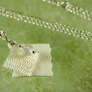 Creamy White Beaded Pendant Necklace with a Crystal Drop, Comes with a Silver Chain and a Leather Cord, Extender Chain, Simple and Elegant