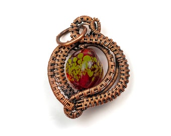Wire Wrapped Copper Pendant with Red and Green Glass Bead