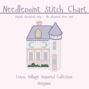 Op de afbeelding: Een digitale kruissteekkaart met een huisontwerp. Het huis heeft een lichtpaars dak, een witte gevel en roze accenten. Tekst bevat "Needlepoint Stitch Chart" en "Lenox Village Inspired Collection Oregano."