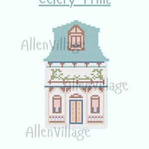 May include: A cross-stitch pattern of a house with a blue roof and a light-colored facade. The text "Celery Print" is above the house, and "AllenVillage" is written on the image. The house has a detailed design with windows and a door.