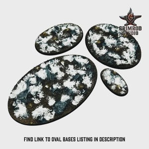 May include: Four oval-shaped bases with a textured, snow-covered design. The bases vary in size and feature a dark brown and white color scheme. The text "FIND LINK TO OVAL BASES LISTING IN DESCRIPTION" is at the bottom.