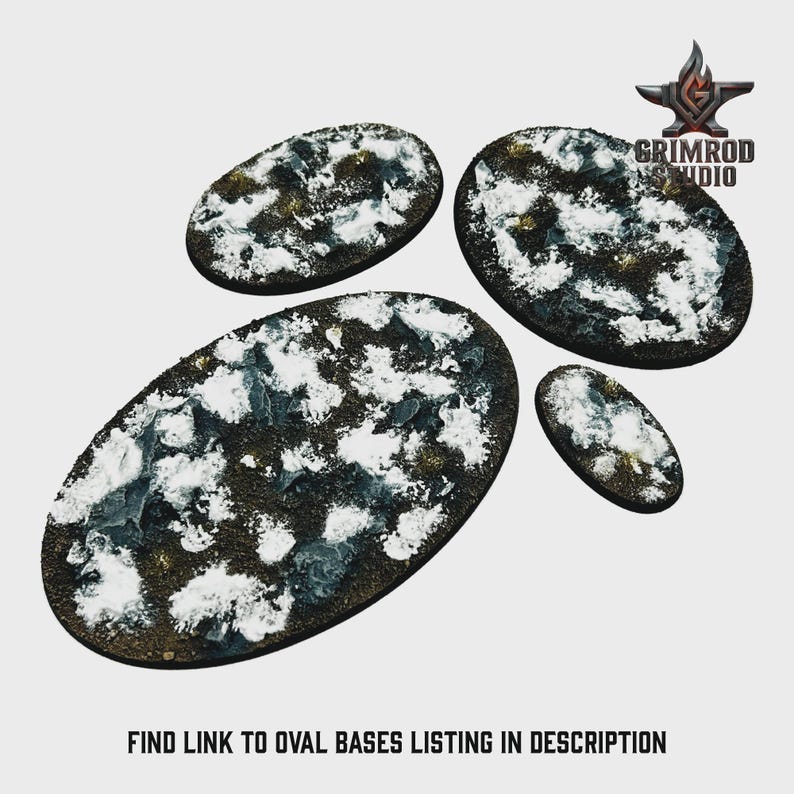 May include: Four oval-shaped bases with a textured, snow-covered design. The bases vary in size and feature a dark brown and white color scheme. The text "FIND LINK TO OVAL BASES LISTING IN DESCRIPTION" is at the bottom.
