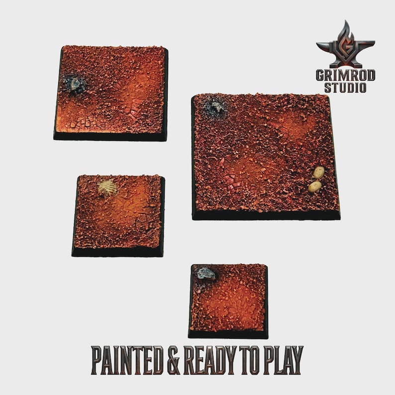 May include: Four square, textured bases with a reddish-brown color scheme, suitable for miniature figures. The bases have a cracked, rough appearance, with small details like rocks and other elements. The text "PAINTED & READY TO PLAY" is visible.