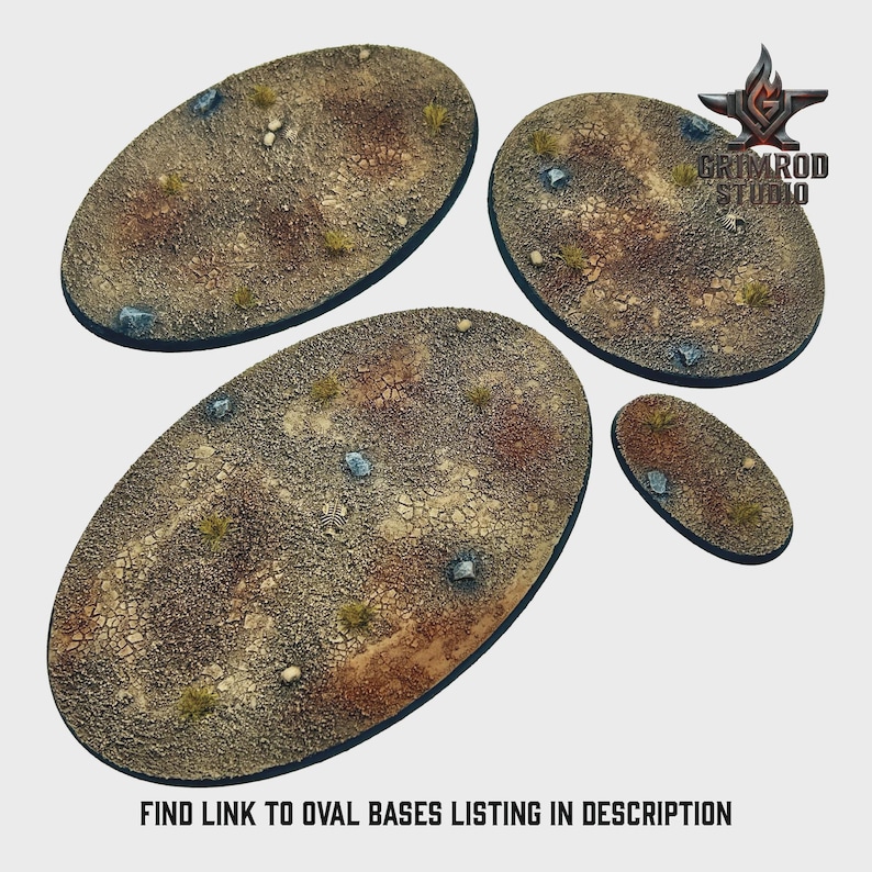 May include: Four oval bases with a textured, desert-like appearance. The bases are primarily brown with patches of green and small rocks. The text "FIND LINK TO OVAL BASES LISTING IN DESCRIPTION" is at the bottom.