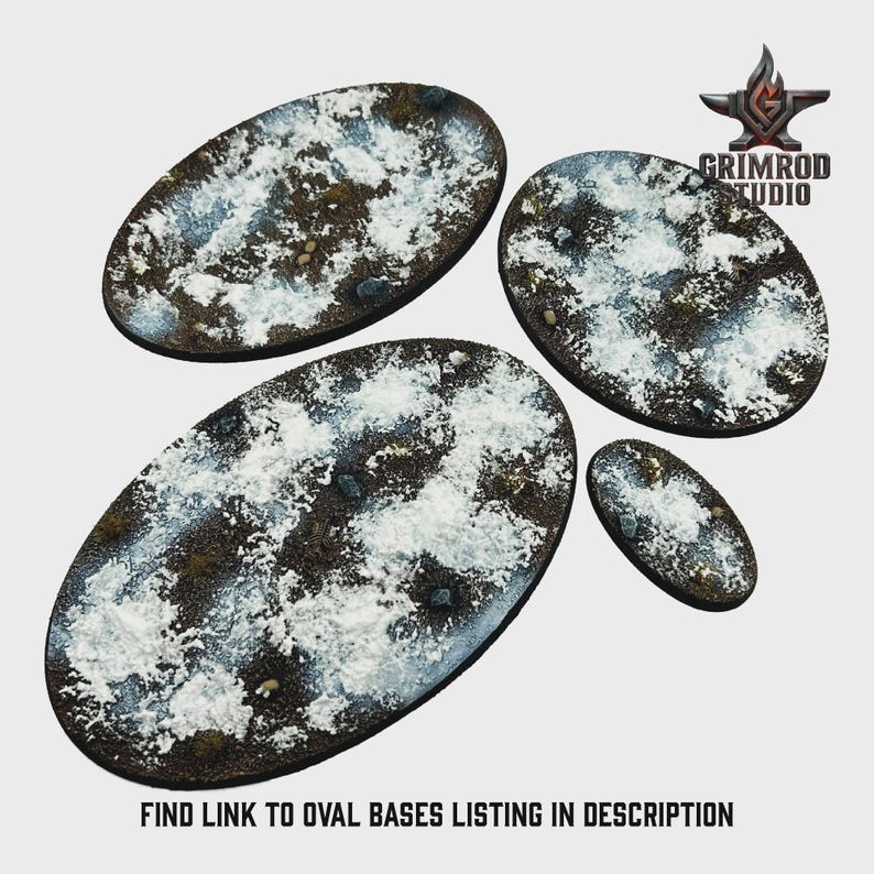 Op de afbeelding: Vier ovale bases met een getextureerd, met sneeuw bedekt terreinontwerp. De bases vari&euml;ren in grootte en hebben een mix van bruine, grijze en witte kleuren. De tekst "FIND LINK TO OVAL BASES LISTING IN DESCRIPTION" staat onderaan.