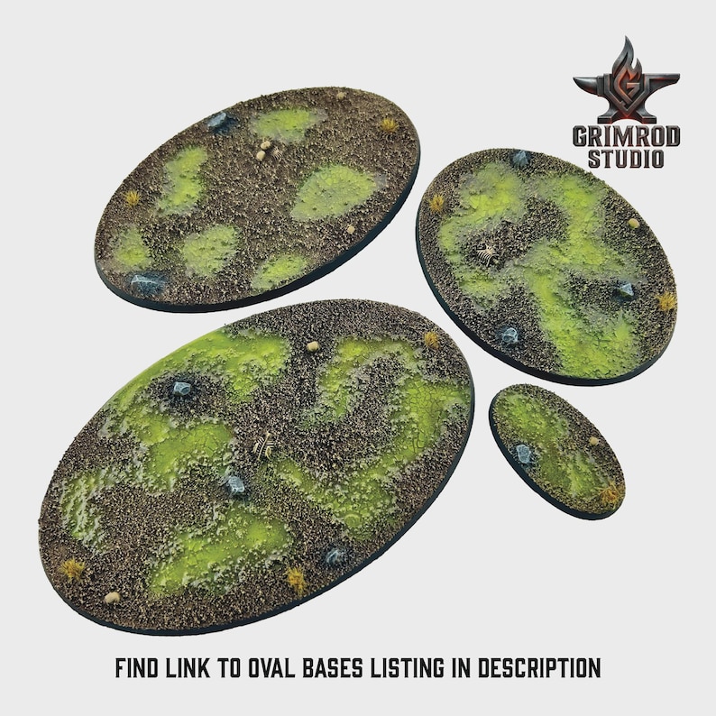 May include: Four oval-shaped miniature bases with a textured terrain design. The bases feature a mix of brown, green, and tan colors, with small rocks and patches of grass. The text "FIND LINK TO OVAL BASES LISTING IN DESCRIPTION" is at the bottom.