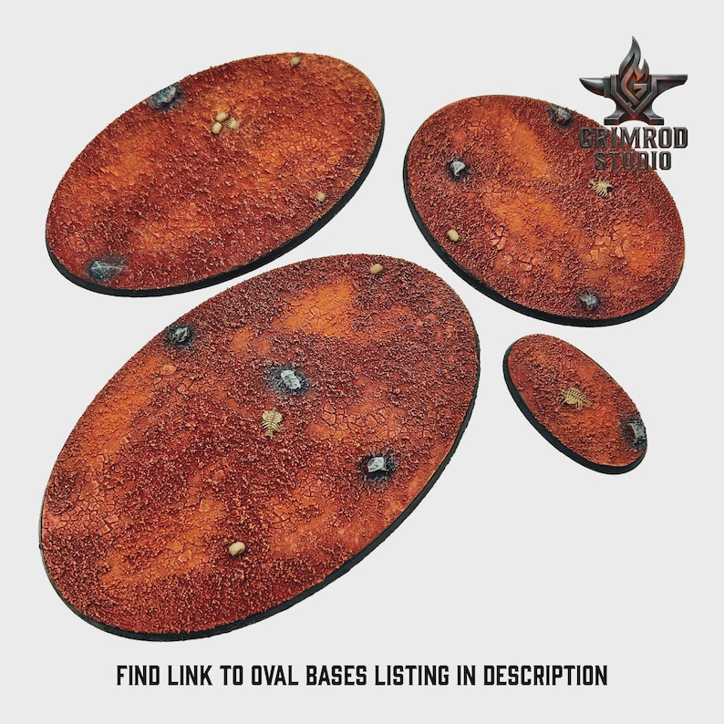 May include: Four oval-shaped bases with a textured, reddish-brown surface. Small rocks and lighter-colored details are scattered across the bases. The bases vary in size, with a small one in the foreground. The text "FIND LINK TO OVAL BASES LISTING IN DESCRIPTION" is at the bottom.
