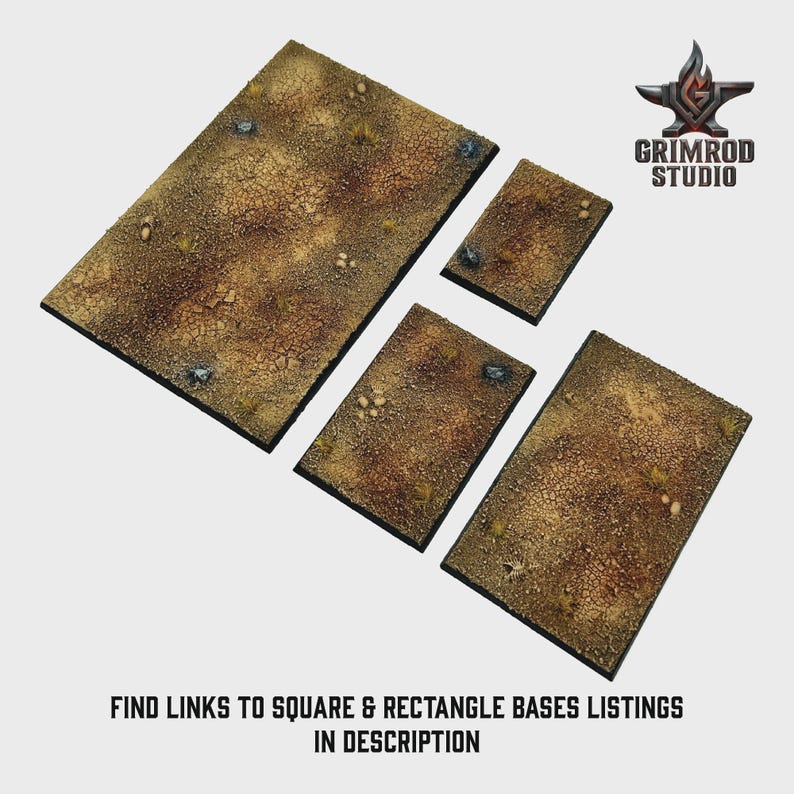 May include: Four textured, rectangular bases with a desert-like appearance. The bases are various sizes and feature a cracked, brown surface with small rocks and sparse vegetation. The Grimrod Studio logo is in the upper right corner. Text at the bottom reads: FIND LINKS TO SQUARE & RECTANGLE BASES LISTINGS IN DESCRIPTION.