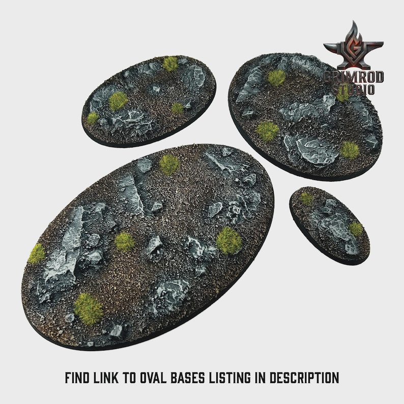 May include: Four oval-shaped miniature bases with a textured, rocky terrain. The bases feature a mix of gray rocks, brown earth, and patches of green vegetation. The text "FIND LINK TO OVAL BASES LISTING IN DESCRIPTION" is at the bottom.