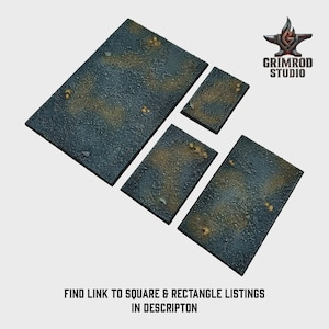 May include: A set of four textured, rectangular and square bases in shades of blue and brown. The bases have a rough, speckled appearance. The Grimrod Studio logo is in the upper right corner. Text at the bottom reads: FIND LINK TO SQUARE & RECTANGLE LISTINGS IN DESCRIPTON.