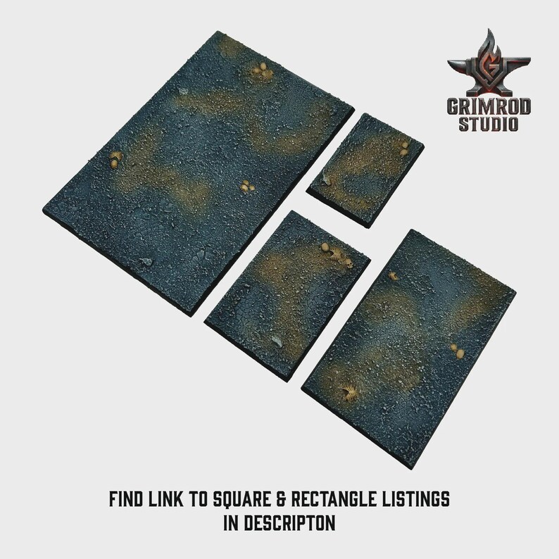 May include: A set of four textured, rectangular and square bases in shades of blue and brown. The bases have a rough, speckled appearance. The Grimrod Studio logo is in the upper right corner. Text at the bottom reads: FIND LINK TO SQUARE & RECTANGLE LISTINGS IN DESCRIPTON.