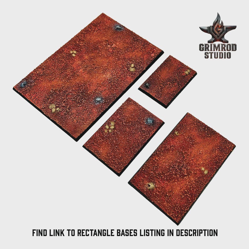 May include: Four rectangular terrain bases with a textured, reddish-brown surface. The bases have a dark border and are decorated with small, colorful details. The Grimrod Studio logo is in the upper right corner, and the text "FIND LINK TO RECTANGLE BASES LISTING IN DESCRIPTION" is at the bottom.