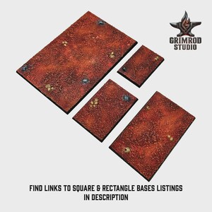 May include: A collection of textured, rectangular and square bases in varying sizes, with a reddish-brown color scheme. The bases have small, irregular details and are arranged on a light background. The Grimrod Studio logo is visible in the upper right corner. Text at the bottom reads: "FIND LINKS TO SQUARE & RECTANGLE BASES LISTINGS IN DESCRIPTION."