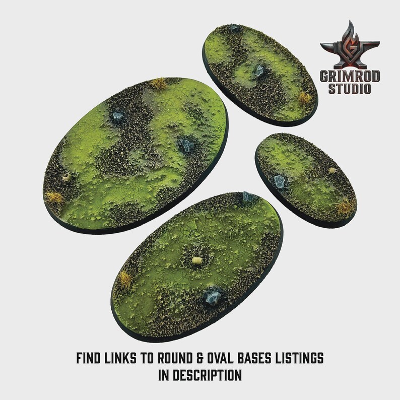 May include: Four oval-shaped miniature bases with textured, grassy surfaces. The bases vary in size and feature a mix of green, brown, and tan colors, with small rock details. The Grimrod Studio logo is in the upper right corner. Text at the bottom reads: FIND LINKS TO ROUND & OVAL BASES LISTINGS IN DESCRIPTION.