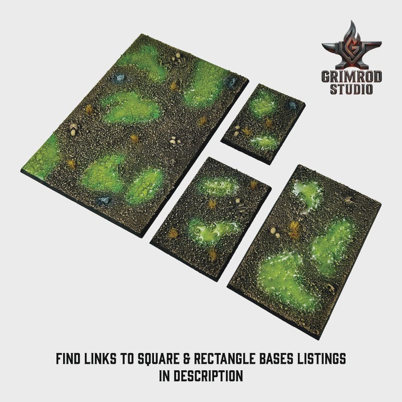 May include: A set of four miniature bases with a textured, earthy appearance. The bases feature patches of vibrant green, resembling foliage, set against a dark brown backdrop. The text "FIND LINKS TO SQUARE & RECTANGLE BASES LISTINGS IN DESCRIPTION" is visible.