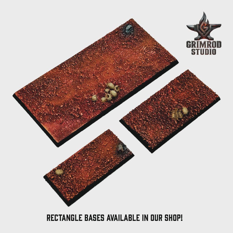 May include: Three rectangular bases with a textured, reddish-brown surface, possibly for miniature figures. The bases have a dark border and are decorated with small, bone-like objects. The text "RECTANGLE BASES AVAILABLE IN OUR SHOP!" is at the bottom.