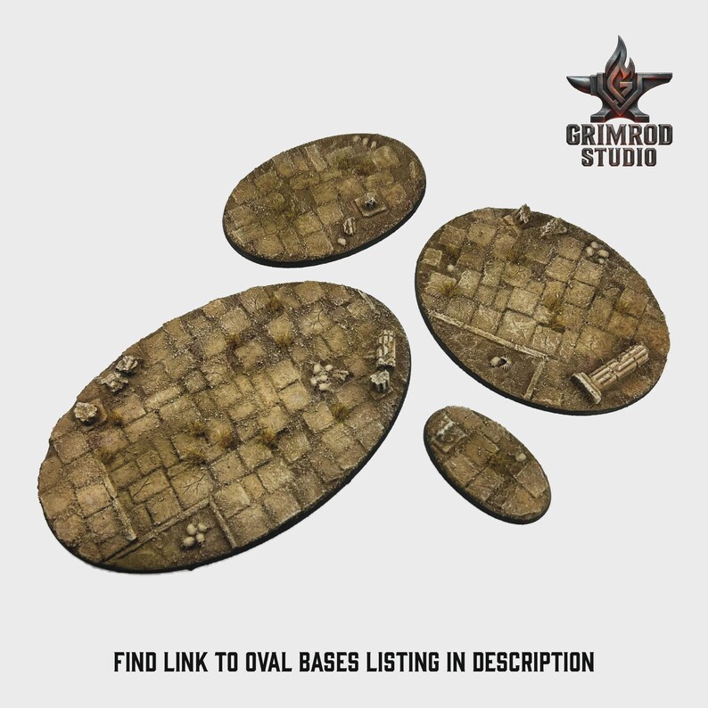 May include: Four oval-shaped miniature bases with a textured, cobblestone design. The bases are in varying sizes and shades of brown and tan. The Grimrod Studio logo is in the upper right corner. Text at the bottom reads: FIND LINK TO OVAL BASES LISTING IN DESCRIPTION.