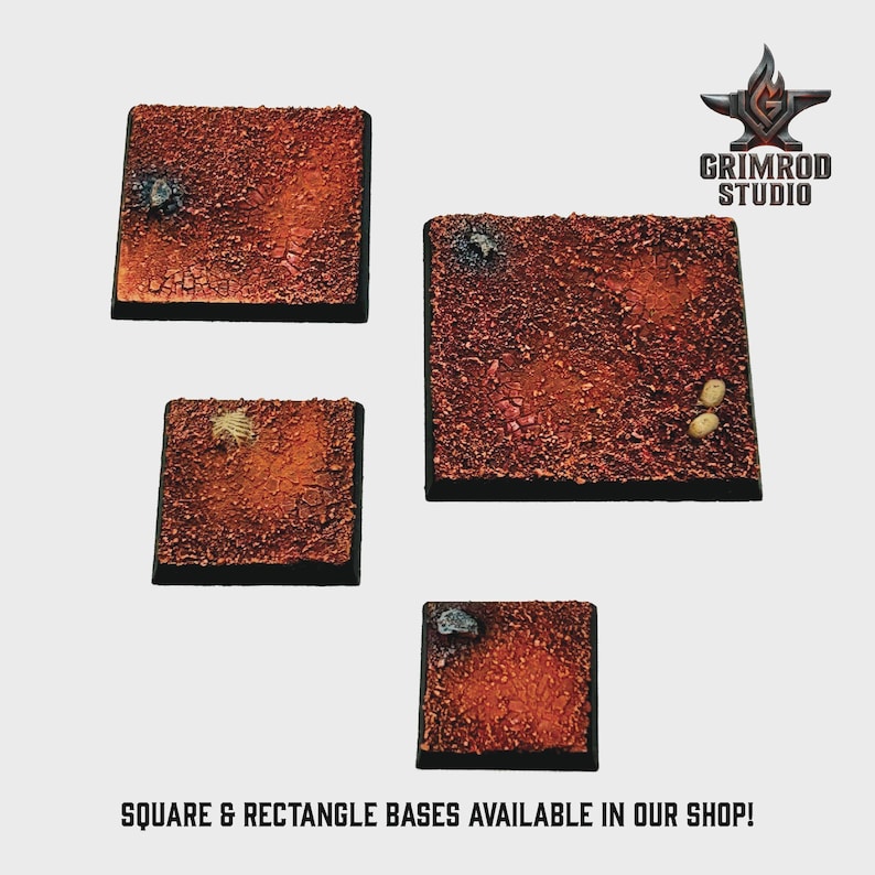 May include: Four square and rectangular bases with textured, reddish-brown surfaces and black edges. The bases have small details like rocks and debris. The Grimrod Studio logo is in the upper right corner. Text at the bottom reads: SQUARE & RECTANGLE BASES AVAILABLE IN OUR SHOP!