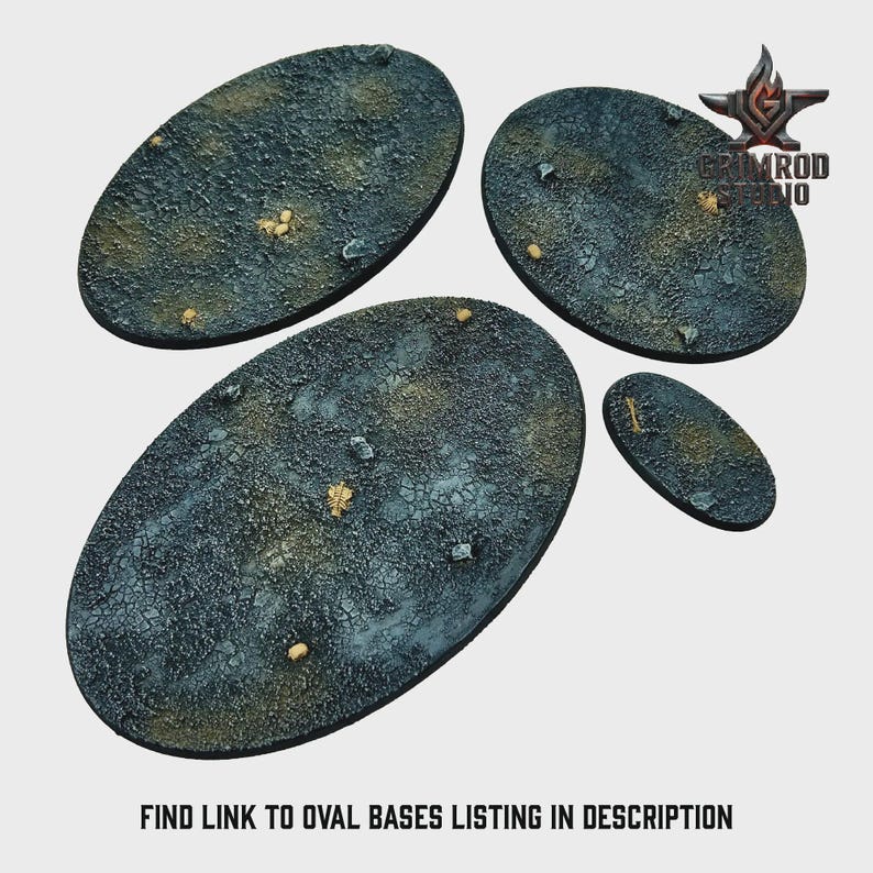 May include: Four oval-shaped miniature bases with a textured, cracked surface in shades of blue, gray, and gold. The bases vary in size, with the largest measuring approximately 4 inches in length. The bases are designed for miniature figures.