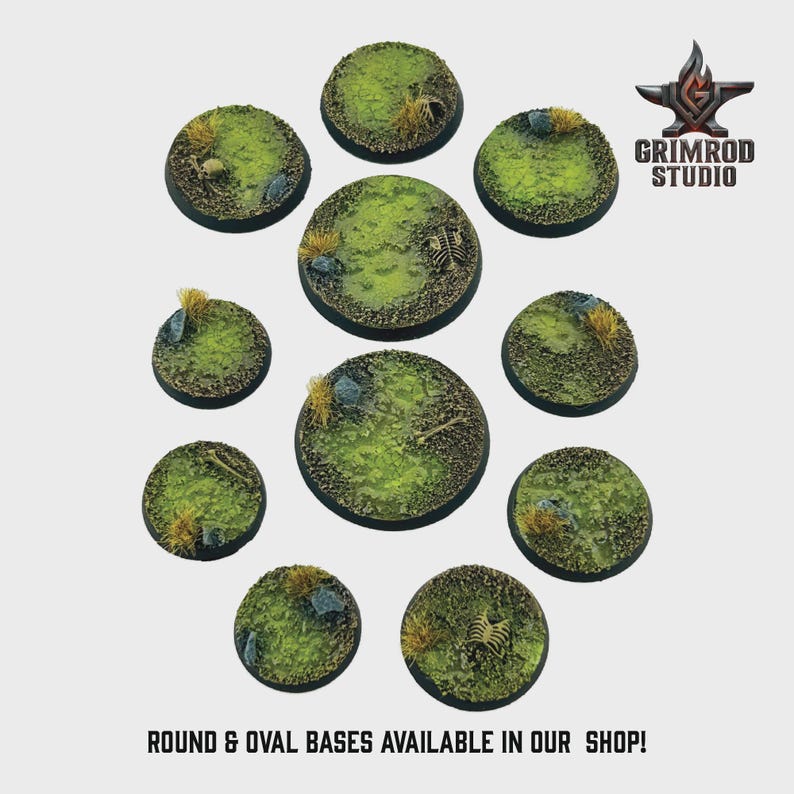 May include: A collection of round and oval miniature bases with a grassy, textured surface. Each base features patches of green, yellow, and brown, with small rocks and bone details. The bases are arranged on a light background. Text reads "ROUND & OVAL BASES AVAILABLE IN OUR SHOP!"