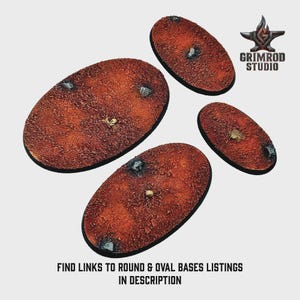 May include: Four oval-shaped, textured bases with a reddish-brown color and embedded stones. The bases are for miniatures. The Grimrod Studio logo is in the upper right corner. Text at the bottom reads: FIND LINKS TO ROUND & OVAL BASES LISTINGS IN DESCRIPTION.