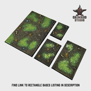 May include: Four rectangular terrain bases with a textured, dark brown surface and patches of bright green vegetation. The bases vary in size and are designed for miniature gaming. The image includes the text "FIND LINK TO RECTANGLE BASES LISTING IN DESCRIPTION."