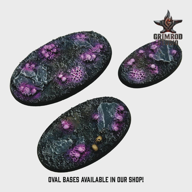 May include: Three oval bases with a textured, dark surface and vibrant purple and gray accents. The bases feature a detailed, otherworldly design, with the text "OVAL BASES AVAILABLE IN OUR SHOP!" at the bottom and the Grimrod logo in the top right corner.