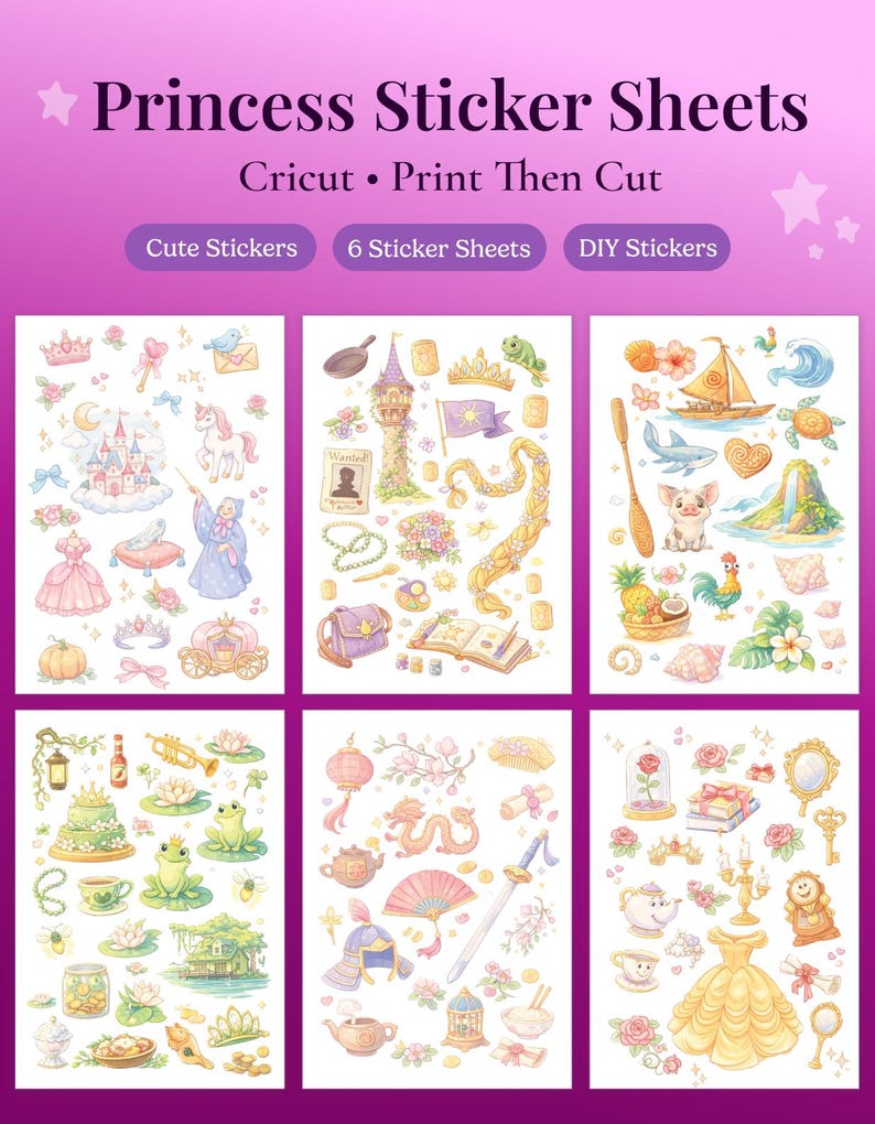 Op de afbeelding: Prinses sticker vellen voor Cricut Print Then Cut. De vellen bevatten schattige, doe-het-zelf stickers met prinsessen-thema illustraties, waaronder kastelen, koetsen en sprookjesfiguren. De stickers zijn kleurrijk en gedetailleerd, ideaal voor knutselprojecten.