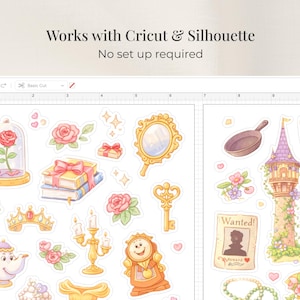 Op de afbeelding: Een digitaal ontwerppapier met stickers met sprookjesthema. De vellen bevatten illustraties van een roos in een glazen stolp, boeken, een spiegel, een theepot, een toren en de tekst "Works with Cricut & Silhouette".