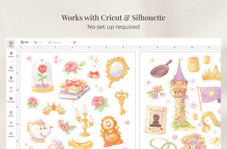 Op de afbeelding: Een digitaal ontwerppapier met stickers met sprookjesthema. De vellen bevatten illustraties van een roos in een glazen stolp, boeken, een spiegel, een theepot, een toren en de tekst "Works with Cricut & Silhouette".