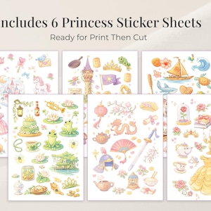 Op de afbeelding: Zes prinsessen-thema sticker vellen met illustraties van kastelen, eenhoorns en jurken. De afbeelding bevat de tekst "Includes 6 Princess Sticker Sheets" en "Ready for Print Then Cut".