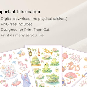 Op de afbeelding: Drie vellen kleurrijke, grillige stickers met verschillende illustraties. Ontwerpen omvatten een kasteel, een eenhoorn, een kikker, een draak en andere fantasie-elementen. De tekst op de afbeelding zegt: Digitale download (geen fysieke stickers), PNG-bestanden inbegrepen, Ontworpen voor Print Then Cut, Print zoveel als je wilt.