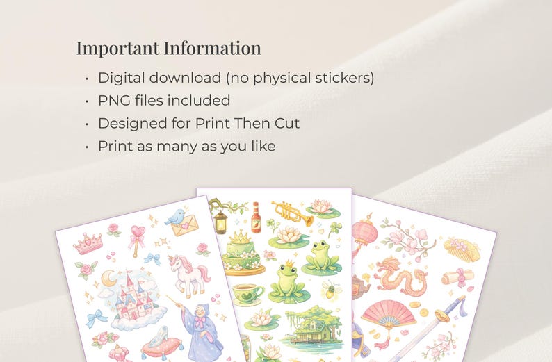 Op de afbeelding: Drie vellen kleurrijke, grillige stickers met verschillende illustraties. Ontwerpen omvatten een kasteel, een eenhoorn, een kikker, een draak en andere fantasie-elementen. De tekst op de afbeelding zegt: Digitale download (geen fysieke stickers), PNG-bestanden inbegrepen, Ontworpen voor Print Then Cut, Print zoveel als je wilt.