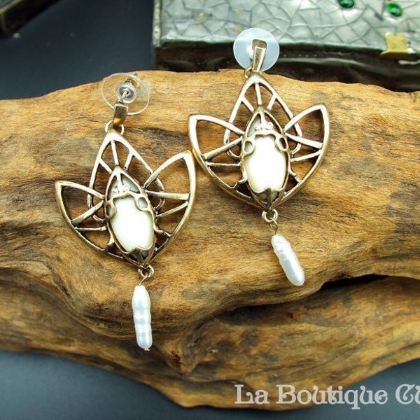 Art nouveau lotus earrings with freshwater pearls and zircons