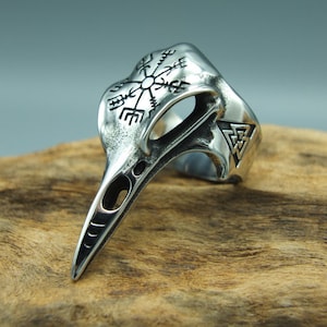 Bague Viking corbeau vegvisir et valknut acier inoxydable