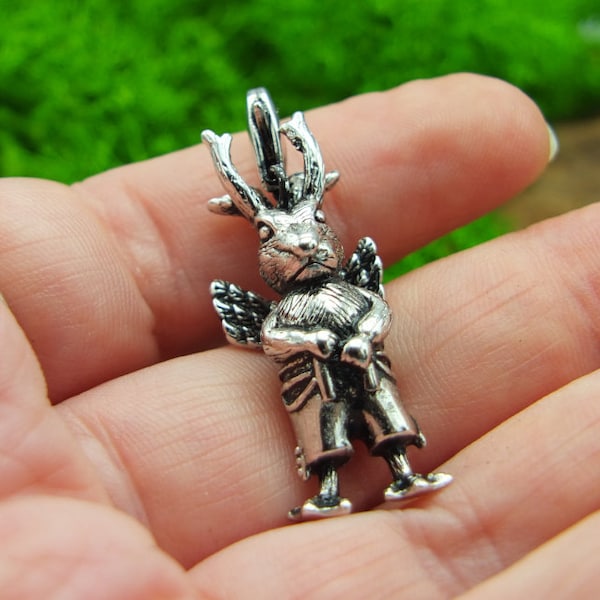 Pendentif / breloque / charm lapin Wolpertinger argent - animal fantastique, légende, chimère